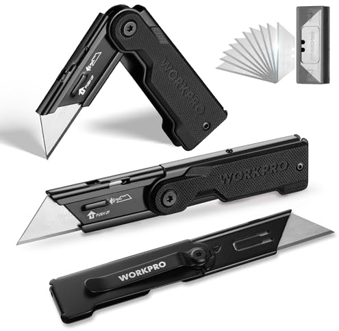 WORKPRO 3-Pack Folding Utility Knife Set, G10 Handle Box Cutter with 10 Extra SK5 Blades, Quick-Change Razor Knife with Belt Clip, EDC Utility Knife for DIY, Office, Home, Arts & Crafts – Black