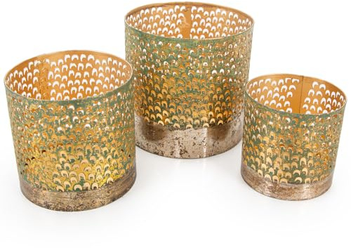 Logbuch-Verlag 3 metall vindljus små lyktor ljusstake guld grön balkong terrass dekoration presentset 8–12 cm