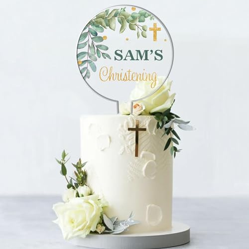 Personalised Religious Cake Topper – Custom Name & Occasion – Christening, Communion or Confirmation – Acrylic Floral Design with Cross – Reusable Printed Cake Decoration (Christening, Eucaliptus)
