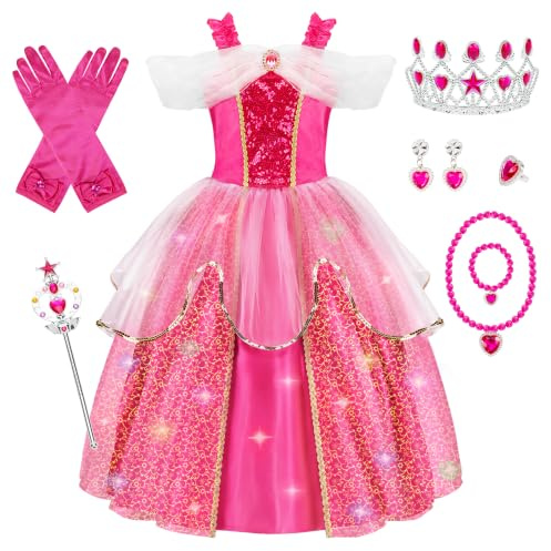 MELAND Princess Costumes for Girls, Light Up Dress for Kids Aged 3-10 | Rose Pink Princess Outfit, Birthday Gifts for Girls, Fancy Dress for Halloween Party and Role Play