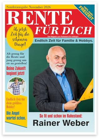 Herz & Heim® Personalisierte Klappkarte A4 für den Ruhestand & Rente – Lustige Abschiedskarte im Magazin-Look mit eigenem Text & Foto – Renteneintritt Geschenk individuell gestalten
