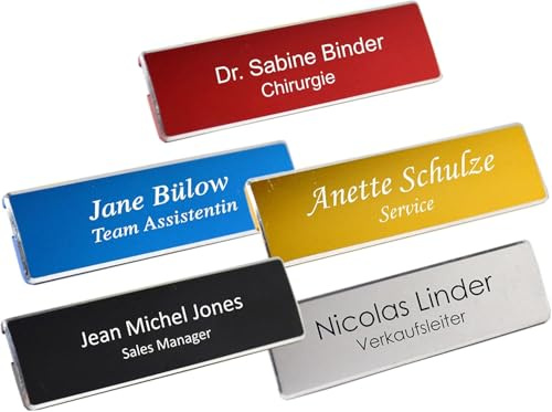 Profil-Namensschild mit Gravur – Personalisiert & Hochwertig – Magnet- oder Nadelbefestigung – 70x20 mm (Silber)
