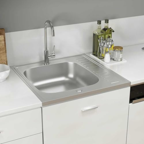 AUVYI Spüle mit Abtropffläche Set Silbern 600x600x155 mm Edelstahl Spüle mit Unterschrank Waschbecken Ausgussbecken Spülbecken Küchenarbeitsplatte Kitchen Sink Küchenspülen