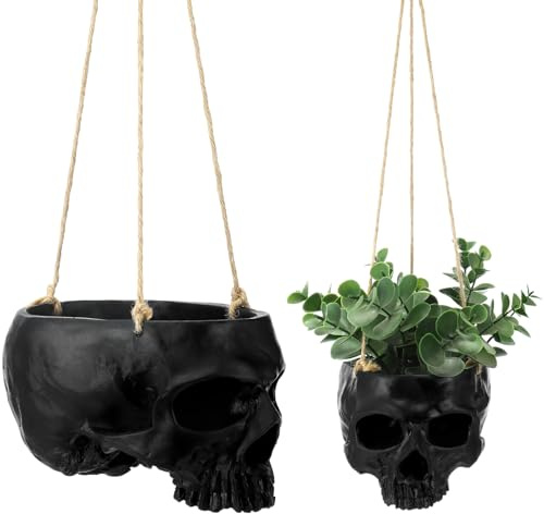 Romooa 2 Pcs Hanging Skull Planter Pot with Metal Chain Halloween Gothic Skeleton Pot for Succulent Plants Flowers Horror Head Wall Decoration
