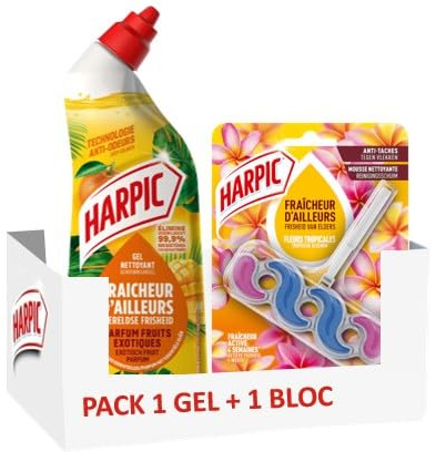 Harpic - Pac Gel WC fraicheur d'ailleurs fruits exotiques + Bloc fraicheur d'ailleurs fruits tropicales