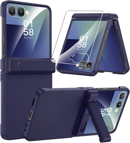 Miimall Dünn Hülle für Samsung Galaxy Flip 7 Handyhülle mit Ständer, [Scharnierschutz & Panzer Schutz Glas] Kameraschutz Sturzsicher Military Outdoor Komplett Schutzhülle für Z Flip7 5G Case Thin Blau