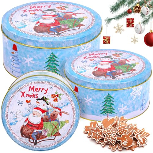 MTINRNI 3er Set Keksdose Weihnachten mit Deckel,Mehrzweck Speicherkapazität,Keksdosen in S, M & L,Weihnachtliche Aufbewahrung und Dekoration,Rund Plätzchendose Metall,für Gebäck,Snacks und Geschenke.