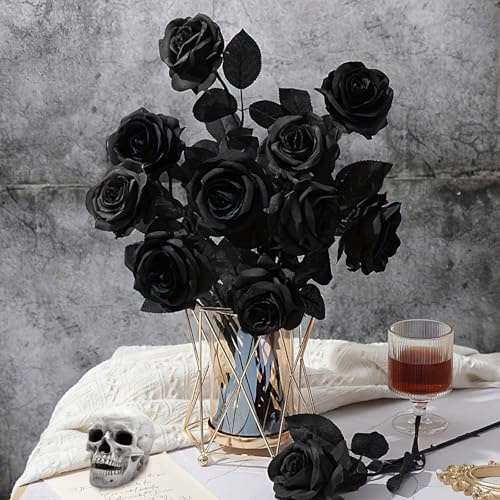dellyy Negras Rosas Artificiales, Halloween Flores Artificiales, Tallo Largo, Gótico Flores de Seda, Halloween Rosas Falsas, Negras Flores Artificiales para Fiestas, Casas, Gótico Bodas，BK