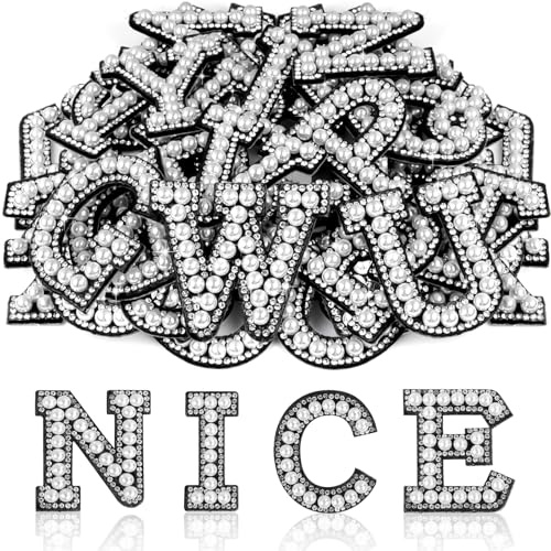 ASTARON 26 Stück selbstklebende Buchstaben-Sticker mit Perlen und Strasssteinen, Glitzer-Strass-Buchstaben A-Z, gestickte Applikationen, Alphabet-Sticker für Kleidung, Taschen, Hüte, Handyhüllen, DIY