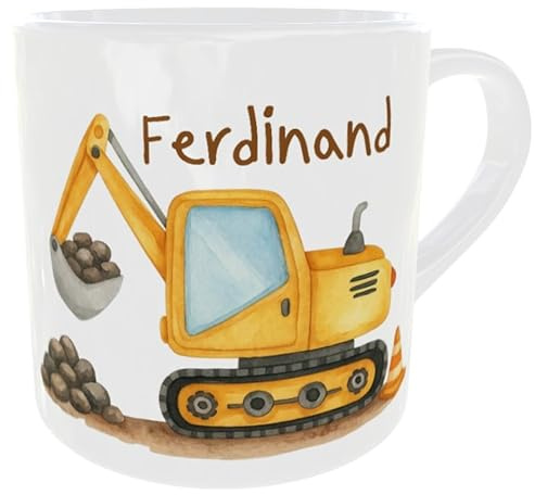 Meine erste Tasse - Personalisierte Kunststofftasse für Kleinkinder - Leicht & Robust, gut für die ersten Trinkversuche Geschenk 1 Geburtstag (Bagger)
