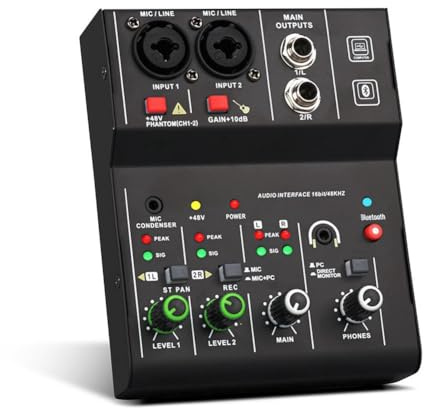Aboiled Mini mezclador USB compacto de 2 canales: tarjeta de sonido con interfaz de audio para grabaciones y cantos profesionales de guitarra