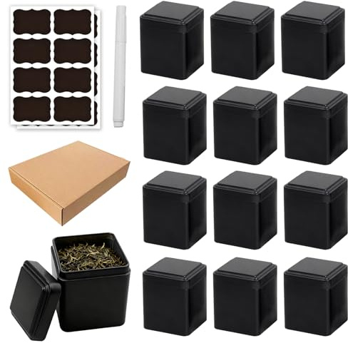 GOEDCH 12 unidades de latas de té rectangulares: latas de té clásicas para té suelto, incluye 16 etiquetas y tiza líquida, hermética, de metal, color negro, rectangular, para té, café, azúcar, 7 x 7 x