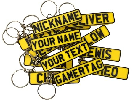Customisable Yellow Number Plate Style Keyring, Personalised Text Name Tag, With Metal Keychain (Yellow)