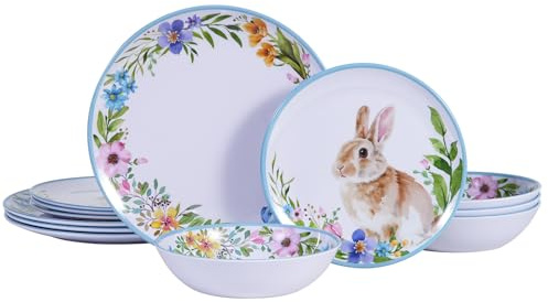 Gofunfun 12PCS Melamine Dinnerware Set, Bunny & Floral Outdoor Dinnerware Set for 4, Unbreakable Easter Plates and Bowls for Camping, Patio Dining, Family Meals, Ideal for Rabbit Lovers & Home Decor