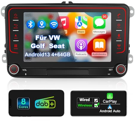 Autoradio mit Bildschirm für VW Golf 5 6 T5 Passat Polo 6R Tiguan Seat Skoda, 7 Zoll VW Caddy Radio 2Din mit Apple CarPlay Android Auto Mirrorlink DAB+ Navi Bluetooth WLAN Canbus GPS 8-Kern 4+64GB
