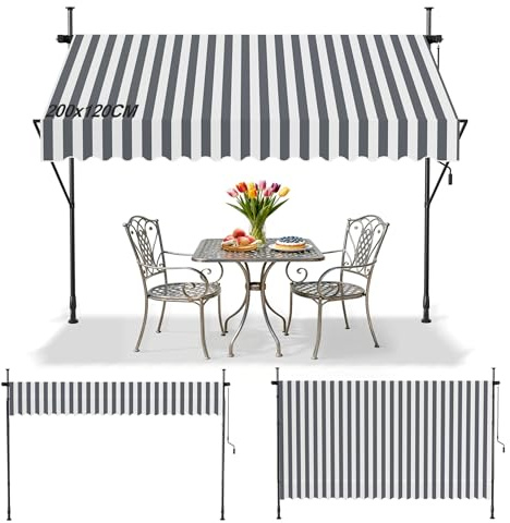 Suusolny Tenda da sole senza foratura, con manovella, protezione UV, regolabile in altezza, protezione solare, impermeabile, per balcone, terrazza, giardino, colore grigio/bianco, a righe, 200 x 120
