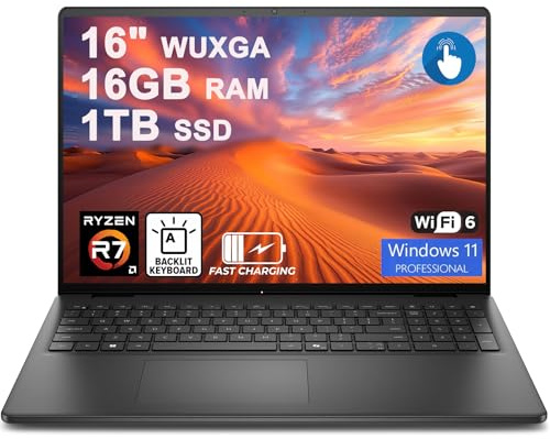 Dell 16 Business Laptop 16 WUXGA Touchscreen AMD 8-core Ryzen 7 250 16GB DDR5 1TB SSD Backlit ExpressCharge Wi-Fi6 for Creator Designer Business Professional Win11