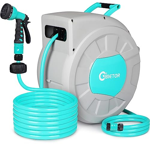 Bietor Retractable Garden Hose Reel, 1/2 35m+2m Water Hose Reel with 180° Swivel Bracket, UV Resistant Automatic Hose Reel Wall Mount for Outside, Slow Retraction Any Length Lock 9 Spray Nozzle