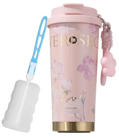 Travel Mug 530ml/18oz Insulated Coffee Mug – Stainless Steel Leak-Proof Portable Coffee Cup with Hidden Straw – Perfect for Hot and Cold Drinks – Birthday Gifts – Pink Floral