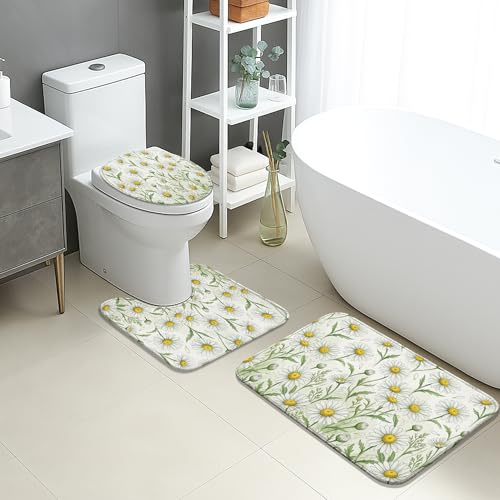 Juego de 3 alfombrillas de baño con diseño de crisantemo, diseño floral, hojas verdes, absorbentes, antideslizantes, en forma de U, lavables, de franela de secado rápido