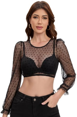 Trachtland Blouse Dirndl Femme Manches Longues Blouse Traditionnelle Oktoberfest Transparente avec Col Rond, Boutons et Pois Noir Taille 34-44