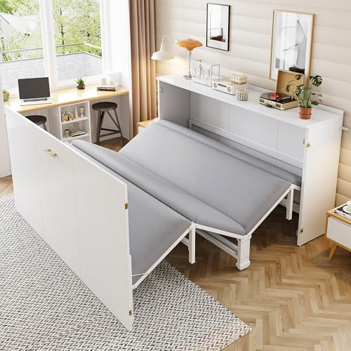 Schrankbett 140x200cm, Klappbares Doppelbett mit Matratze und Lattenrost, Wandbett Klappbett mit Schrank, Vertikal Schrankbett Gästebett Wandklappbett Murphy Bed Bettschrank mit Leisen Rollen, Weiß