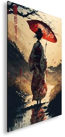 Farbenhorizont Leinwandbild Japanisch inspirierte Frau mit rotem Schirm in malerischer Landschaft Format:90x60cm XXL Wandbild auf Keilrahmen/Kunstdruck/Bild Wohnzimmer Dekoration