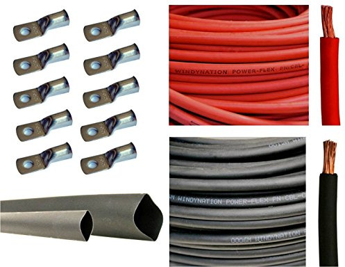 4/0 Gauge 4/0 AWG 5 Feet Red + 5 Feet Black Welding Battery Pure Copper Flexible Cable + 10pcs of 3/8 Tinned Copper Cable Lug Terminal Connectors + 3 Feet Black Heat Shrink Tubing