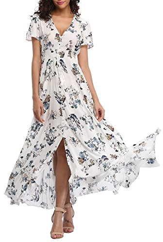 VOGMATE Damen Lange Split Knopf Up Sommer Maxikleid Floral Strandwear Holidy Kleid Hohe Taille mit kurzen Ärmeln(S-2XL)