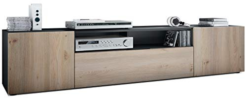 Vladon Lowboard Mogan, TV-Kommode mit 2 Türen, 1 Klappe und 1 offenes Fach, Schwarz matt/Eiche Nordic (181 x 39 x 35 cm)