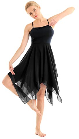 MSemis Femme Tutu Justaucorps Danse Classique Ballet Robe Asymétrique Gymnastique Leotard à Bretelle Tunique Latine Valse Robe de Soirée Cocktail S-XXL Noir L