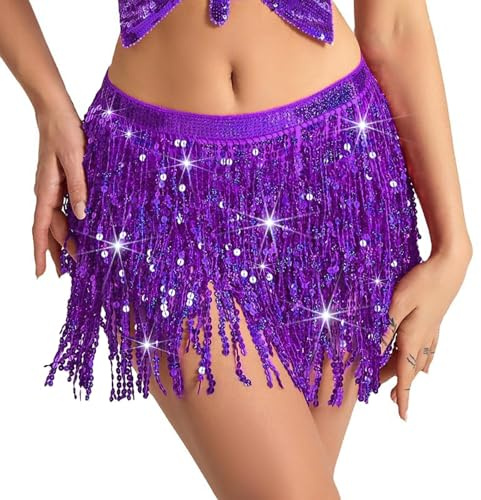 Wuchieal Pailletten Rock Glitzer Bauchtanz Rock Kostüm Pailletten Quaste Hüfttuch Outfits Gürtel Festival Kleidung (Lila, One Size)