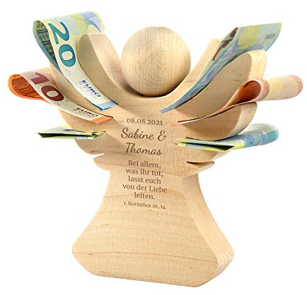 Casa Vivente Holzengel mit Gravur zur Hochzeit, Personalisiert mit Namen und Datum, Verpackung für Geldgeschenke, Hochzeitsgeschenke für Brautpaar