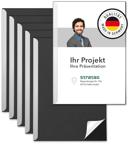 STRATAG Klemmschienen-Set (5 Stück) mit transparentem Deckel aus PP Kunststoff sowie Binderücken aus stabilem 350 g/m² Karton (Klemmmappe A4 Schwarz)