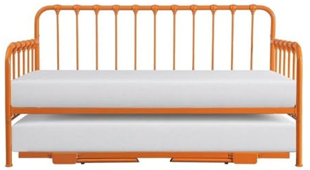 Pemberly Row Contemporary Metal Daybed with Trundle, Orange Finish, Twin Size, 78.5 x 41.5 x 44 in, Folding Legs, Casters, Bedroom Furniture for Sleeping and Space-Saving Use