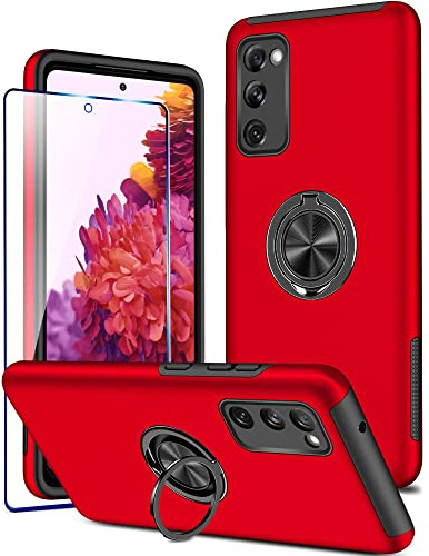 KRAFTCARE for Samsung S20 FE Case with Kickstand Ring and Screen Protector, Shockproof and Anti Scratch 360° Magnetic Ring Holder Stand Phone Cover for Samsung Galaxy S20 FE - Red
