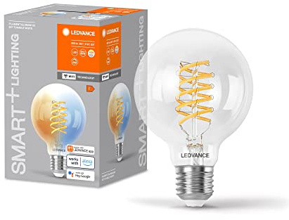 LEDVANCE SMART+ WIFI LED-Lampe, Weißglas, 8W, 806lm, Kugel-Form mit 80mm Durchmesser & E27-Sockel, regulierbares Weißlicht (2700-6500K), dimmbar, App- oder Sprachsteuerung, 15.000 Stunden Lebensdauer