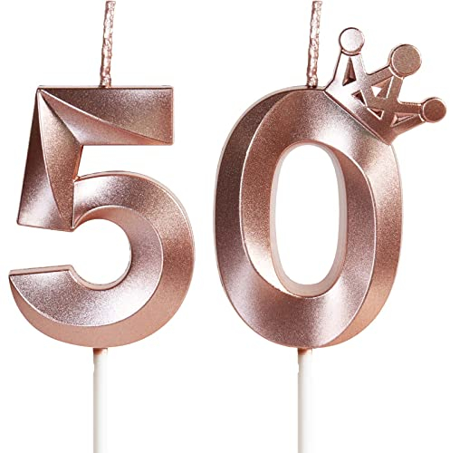 Yiran Geburtstagskerze 50 Zahlenkerze 50 mit Krone, 5cm Roségold Geburtstagskerzen, Kerzen Geburtstag, Tortendeko Geburtstag, Tortendekoration für Mädchen, Erwachsene, 50. Geburtstagsfeier, Jubiläum