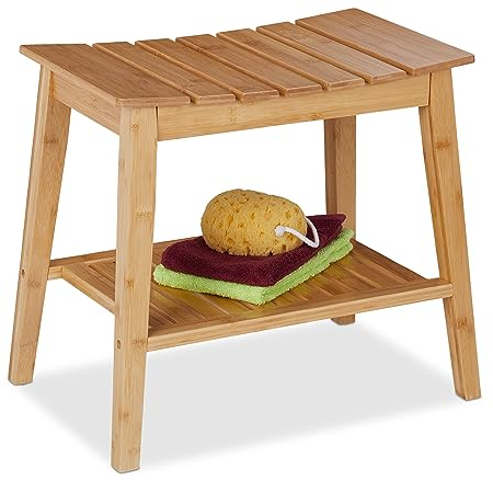 Relaxdays Badpall med extra förvaringsyta, sittpall av bambu, H x B x D: 45 x 51,5 x 34 cm, förvaringsutrymme hall och badrum, natur
