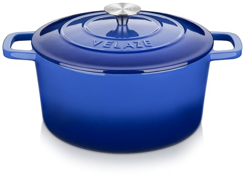 Velaze Schmortopf aus Gusseisen, 25 cm, niederländischer Emaille-Topf, antihaftbeschichtet, korrosionsbeständig, rund, blau, mit Deckel, für Schmorküche, Paella, Töpfe mit großem Fassungsvermögen – 5