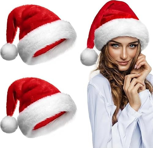 Acxilexy 2 Stück Weihnachtsmützen für Erwachsene, Unisex Bequemer Samt Weihnachtsmützen mit Bommel, Plüsche Nikolausmütze, Rote Santa Mütze für Weihnachts und Neujahrskostüm Partydekoration