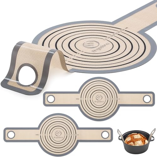 Große Silikon Brotschlinge Dutch Oven - 24,1 cm Antihaft & Leicht zu reinigen Wiederverwendbare Silikon-Brotbackmatte mit extra langen Griffen Brotbackblech Liner 2 Grau Set für übertragbaren Teig