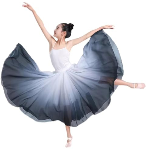 ORIDOOR 720degrees Girl Chiffon Dress with Gradient Color Ballet Classical Ballroom Dance Long Skirt A6 Black White 6-9Years