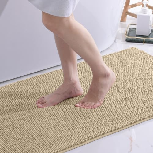 OLANLY Chenille badmatta, 60 x 120 cm, extra mjuk halkfri badrumsmatta, superabsorberande fluffiga badmattor för badrumsgolv, maskintvättbar torr badmatta fotmatta, beige