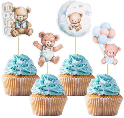 Gyufise 36pcs Moon Baby Bear Cupcake Toppers - Bear Shower Cake Toppers & Decorations - Blue Animal Theme Birthday Party Supplies