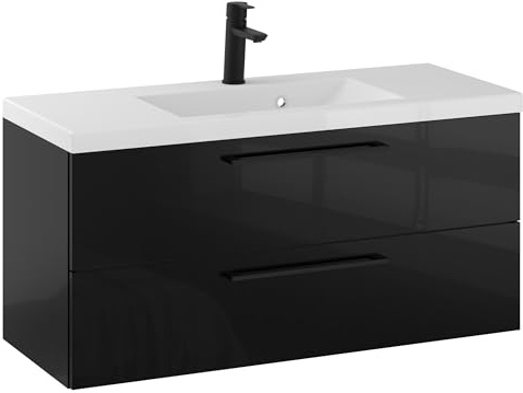 Furni Rosen 100 cm Hängend Waschbecken mit Unterschrank und Stilvollen und Schwarzen Griffen Waschbeckenunterschrank Badezimmer Waschtisch mit Unterschrank Waschtischunterschrank