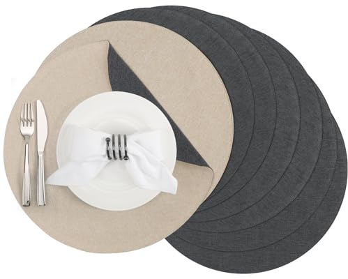 Banchif Tischsets abwaschbar doppelseitig Platzset Platzdecken abwaschbar | Platzsets abwaschbar Rund 8er Set doppelseitige Tischsets Leinenimitat maschinenwaschbar Platzdecken (Grau-Beige)