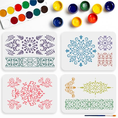 MAYJOYDIY 4 Stück Mandala Schablone Vintage Mandala Randmuster Malschablonen 29.7×21cm Wiederverwendbare Vorlage Zum Malen Mit Pinsel Für Holz Leinwand Papier Stoff Wanddekorationen