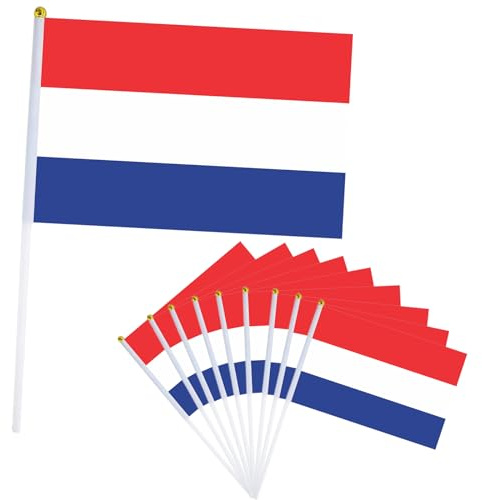 10 piezas Bandera de Mano Países Bajos,Pequeña Personalizada Banderas con Mastil para Decoración Patio,Balcón,Jardin,Barra,para Juegos de Fútbol,Eventos Deportivos,Día Nacional,Fiesta de Países Bajos
