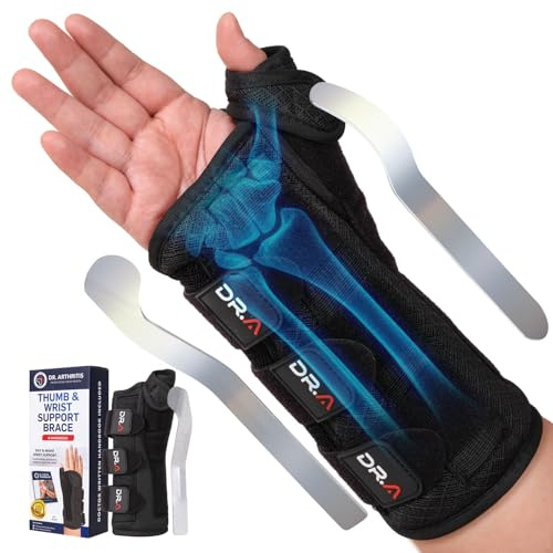 Dr. Arthritis Carpal Tunnel Wrist Brace Night Support, Thumb Spica Splint Right Hand for De Quervains Tenosynovitis, Tendonitis, Wrist Brace With Thumb Support-Small/Medium-Women & Men, Black